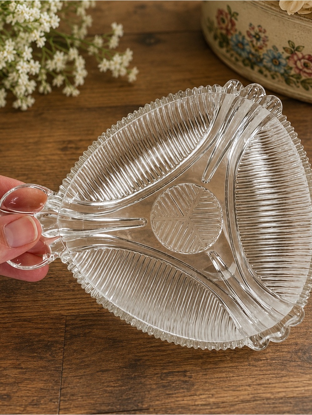 Vintage Ribbed glass trinket tray